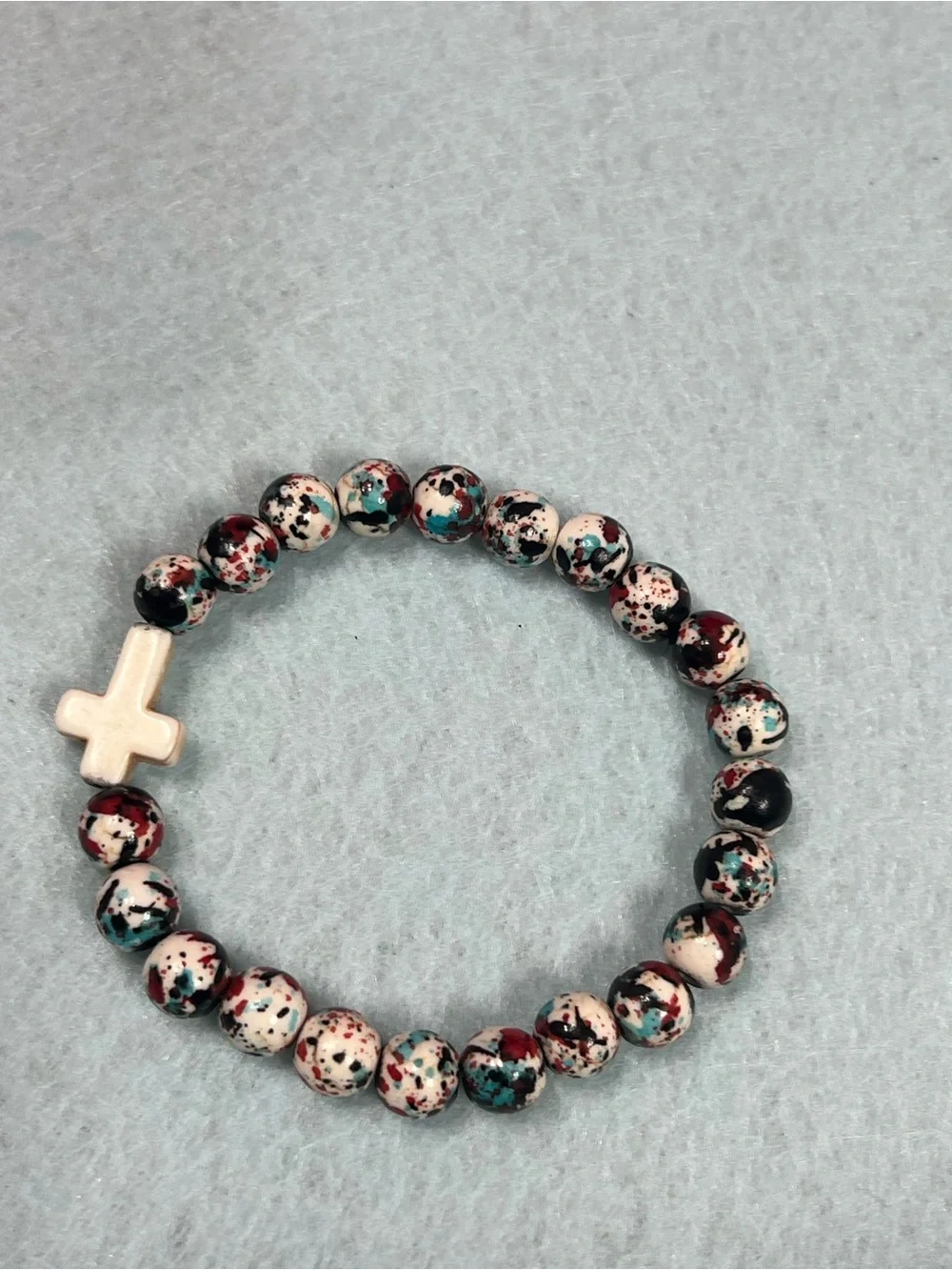 Speckled Bead Stretch Bracelet with Cross - Multi